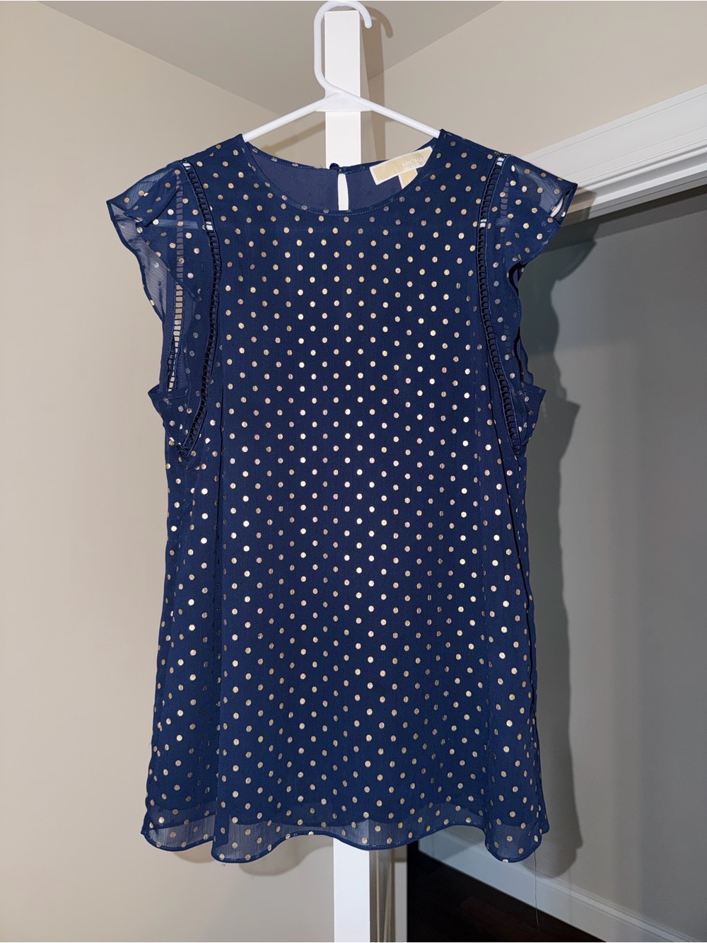 Michael Kors Navy Flutter Sleeve Blouse with Gold Polka Dots